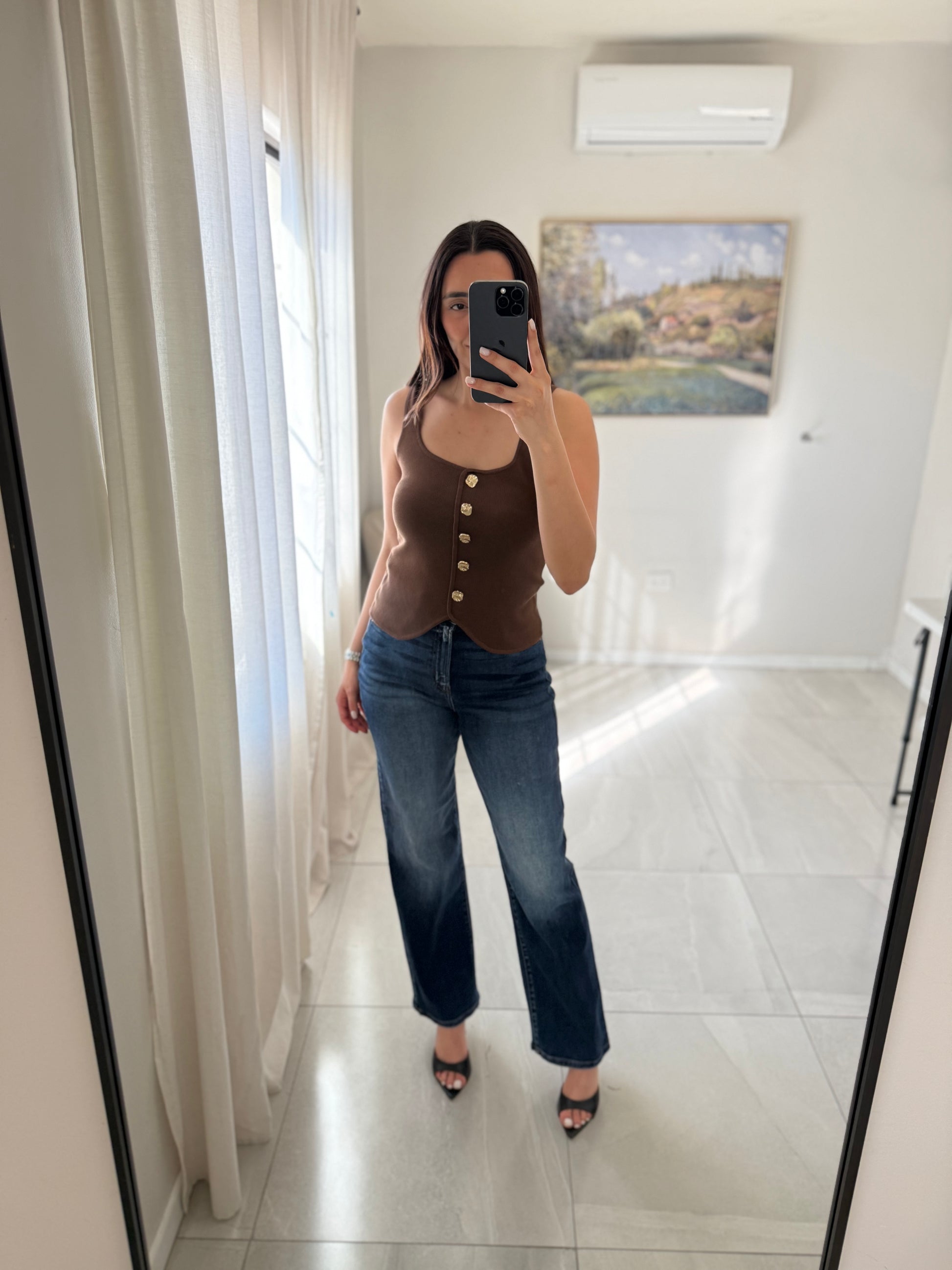 Brown Knit Top Gold Buttons